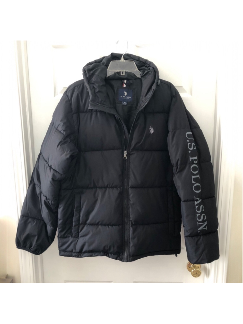 Mens Size M U.S.Polo Assn. Black Puffer Hooded Jacket Pony Logo Collegiate Prep